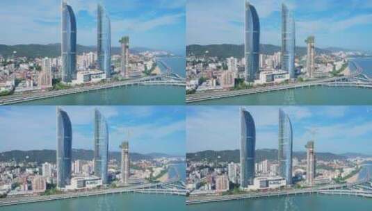 厦门航拍世贸双子塔建筑风光高清在线视频素材下载