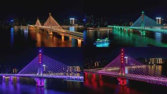 清远北江洲心大桥航拍夜景高清在线视频素材下载