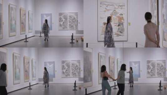 复古风美女参观室内画展欣赏美术作品合集高清在线视频素材下载