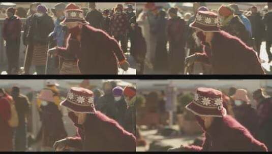 西藏拉萨冬日早晨八廓街大昭寺藏族朝拜人群高清在线视频素材下载