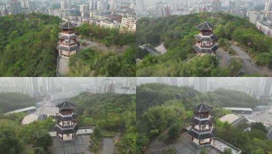 4K重庆北碚玉合公园山顶观光塔高角度航拍高清在线视频素材下载