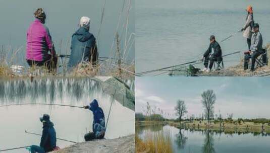 冬季小河边钓鱼的人们合集高清在线视频素材下载