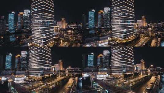 上海陆家嘴写字楼夜景航拍高清在线视频素材下载