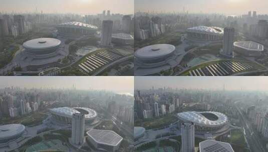 上海体育场清晨航拍高清在线视频素材下载