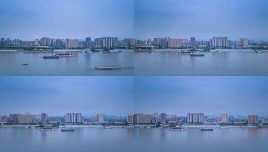 江西九江市长江岸线及随行货轮傍晚航拍延时高清在线视频素材下载