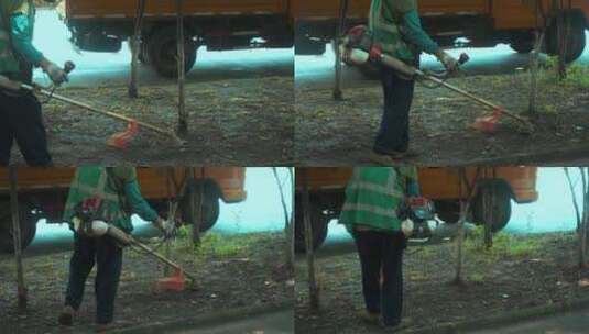 绿化园林工人正在清理草2高清在线视频素材下载