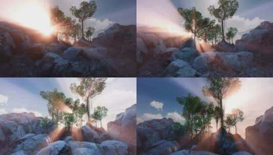阳光穿过岩石上的树木-迷人的景色高清在线视频素材下载