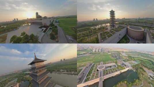 穿越机航拍中国大运河博物馆夕阳大运塔高清在线视频素材下载
