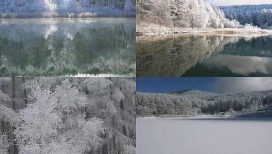 冬季湖面倒影雪景雾凇雪山森林雪景大雪茫茫高清在线视频素材下载