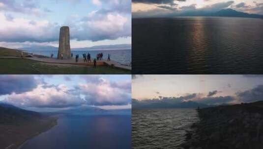 新疆赛里木湖黄昏晴天绝美航拍4K云层大片高清在线视频素材下载