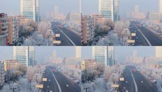 中国黑龙江哈尔滨城区雾凇雪景航拍高清在线视频素材下载