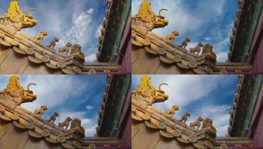北京故宫紫禁城屋檐上的琉璃瓦神兽延时摄影高清在线视频素材下载