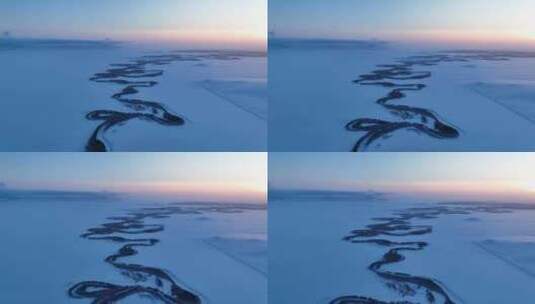 银色草原蜿蜒冰封河流暮雪高清在线视频素材下载