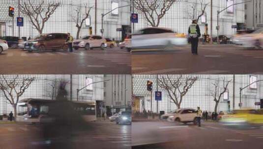 上海晚高峰交警指挥交通高清在线视频素材下载