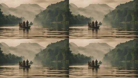 山水河流古人泛舟水墨画背景高清在线视频素材下载