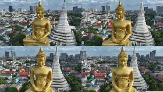 泰国曼谷水门寺大佛像城市地标建筑航拍风景高清在线视频素材下载