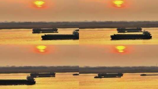 航怕夕阳落日江边飞轮船船队航行运输高清在线视频素材下载