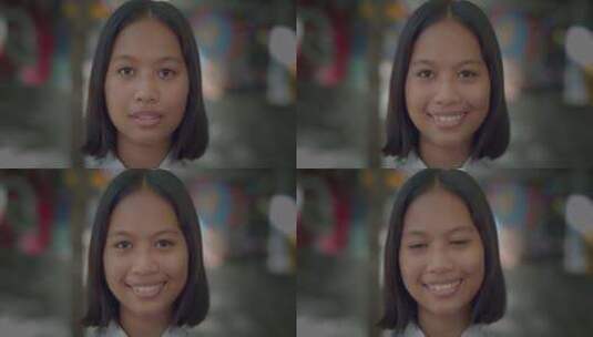 一个快乐微笑可爱的亚洲高中生女孩，短发，高清在线视频素材下载