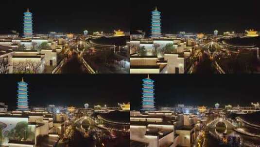 江南水乡徽派建筑宝塔夜晚航拍高清在线视频素材下载