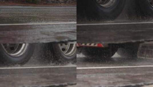 雨天货车卡车道路运输车辆轮胎特写高清在线视频素材下载