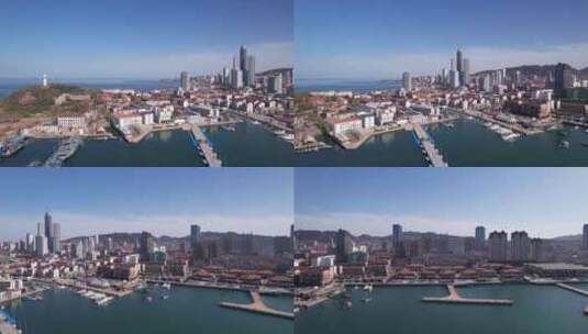 烟台芝罘弯码头烟台山城市全貌航拍高清在线视频素材下载