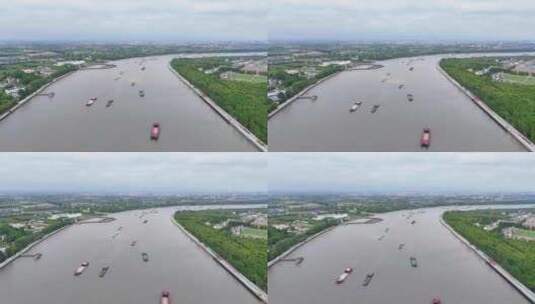 航拍上海黄浦江上游船舶货物运输水路运输高清在线视频素材下载