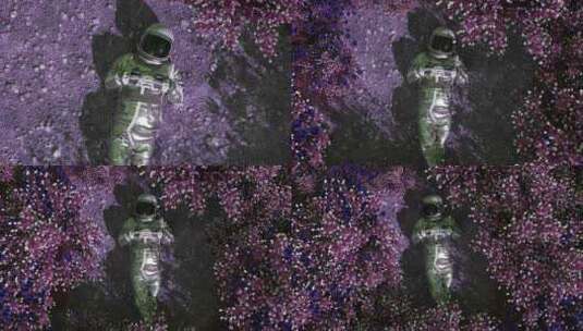 一个太空旅行者站在一片异形花海中，这是宇高清在线视频素材下载