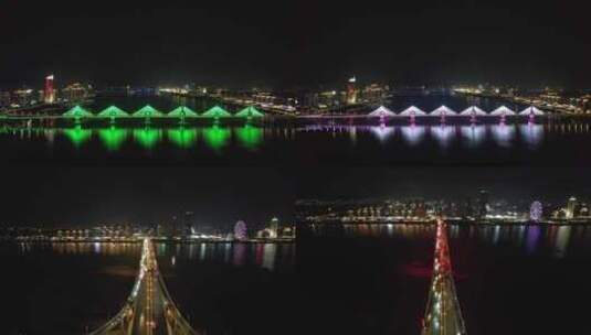 江西南昌朝阳大桥夜景灯光航拍高清在线视频素材下载