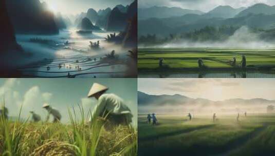 农民插秧耕种水稻田4K高清在线视频素材下载