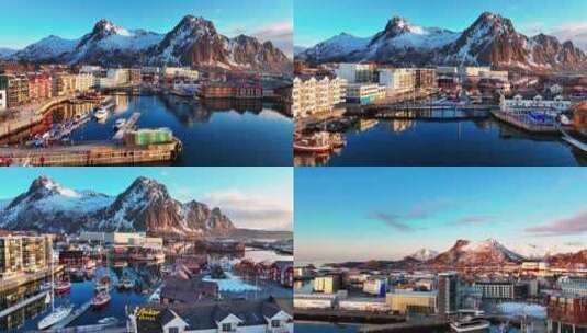 4K航拍挪威亨宁斯维尔小镇自然风光高清在线视频素材下载