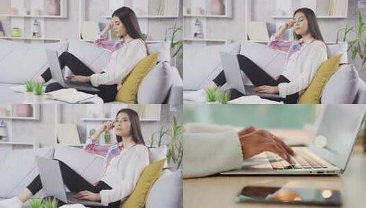 女性沙发上使用笔记本电脑高清在线视频素材下载