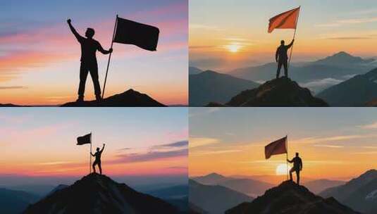 巅峰旗帜：企业奋进与胜利象征剪影视频素材高清在线视频素材下载