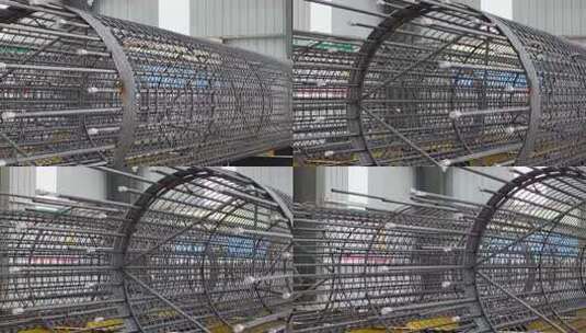 工厂内钢筋结构特写/钢筋笼成品高清在线视频素材下载