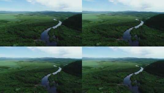 航拍绿色原野河湾风景高清在线视频素材下载
