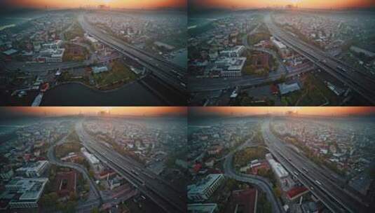 航拍的清晨城市交通景观高清在线视频素材下载