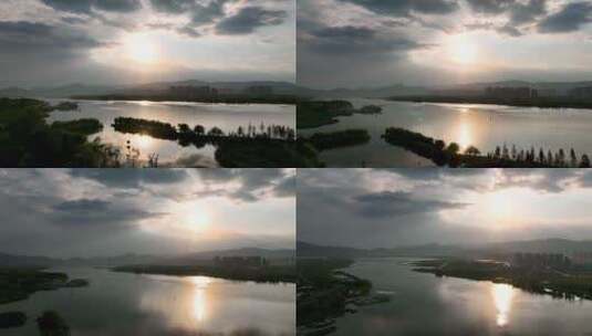 4K航拍昆明市滇池大观公园湿地夕阳高清在线视频素材下载