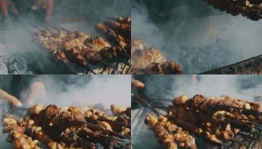 新疆路边烤羊肉串特写慢动作高清在线视频素材下载