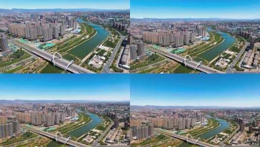 中国内蒙古呼和浩特小黑河沿岸航拍高清在线视频素材下载