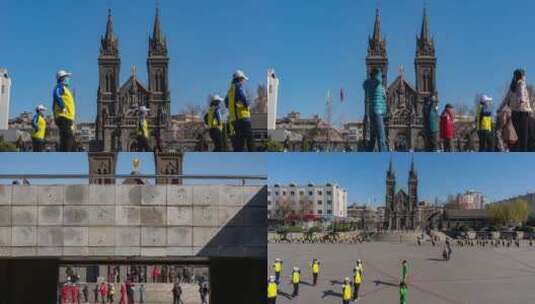 小南天主教堂前门广场上的广场舞高清在线视频素材下载