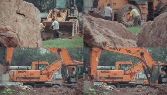工作中的挖掘机和修路的工人合集高清在线视频素材下载