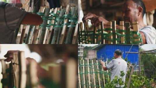 农村老人干活制作竹子栅栏4k视频素材高清在线视频素材下载