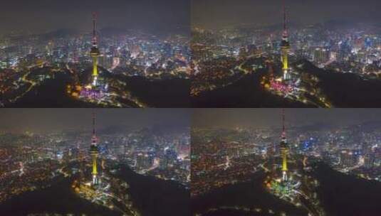 夜晚韩国首尔中心城市首尔塔航拍延时摄影高清在线视频素材下载
