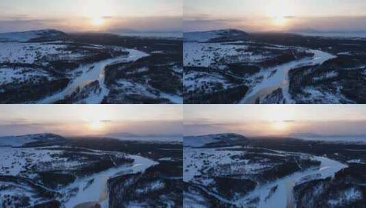 航拍内蒙古亚洲第一湿地雪景高清在线视频素材下载