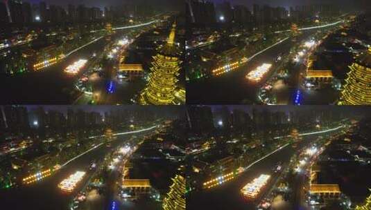 江苏淮安市里运河历史长廊国师塔航拍夜景高清在线视频素材下载
