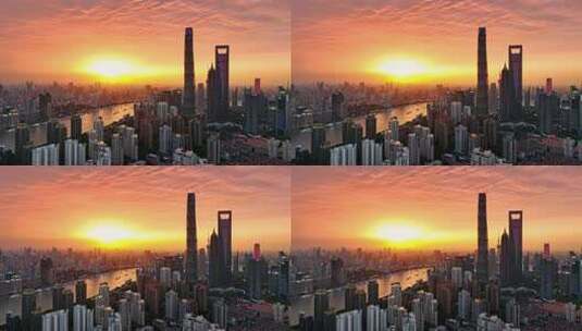 上海陆家嘴上海中心大厦东方明珠晚霞航拍高清在线视频素材下载