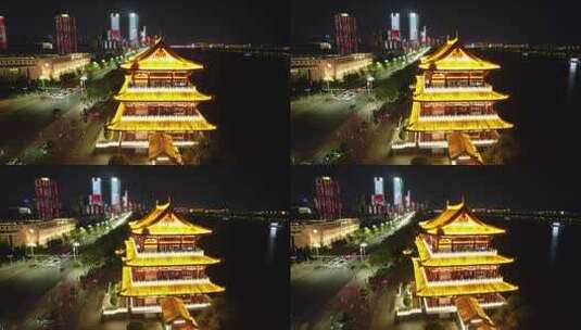 湖南长沙杜甫江阁湘江夜景航拍高清在线视频素材下载