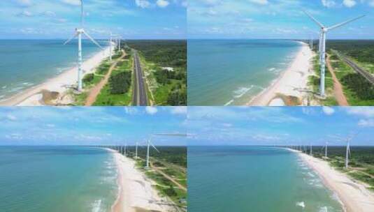 航拍海南文昌环岛旅游自驾旅行与新能源风车高清在线视频素材下载