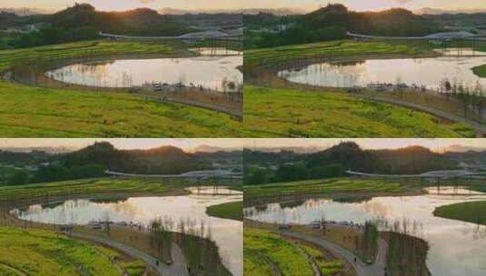 航拍宜昌卷桥河湿地公园日落风景高清在线视频素材下载
