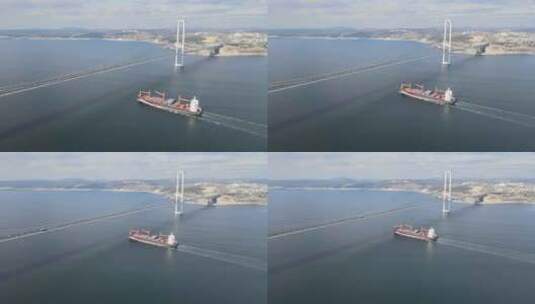 奥斯曼加齐大桥和集装箱船在土耳其高清在线视频素材下载