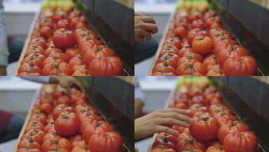 售货员将红色的西红柿摆上货架高清在线视频素材下载